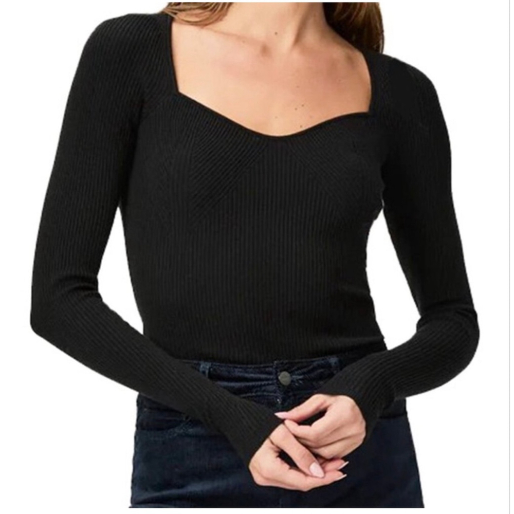 Paige Black Long Sleeve Sweetheart Neck Ribbed Tee Large